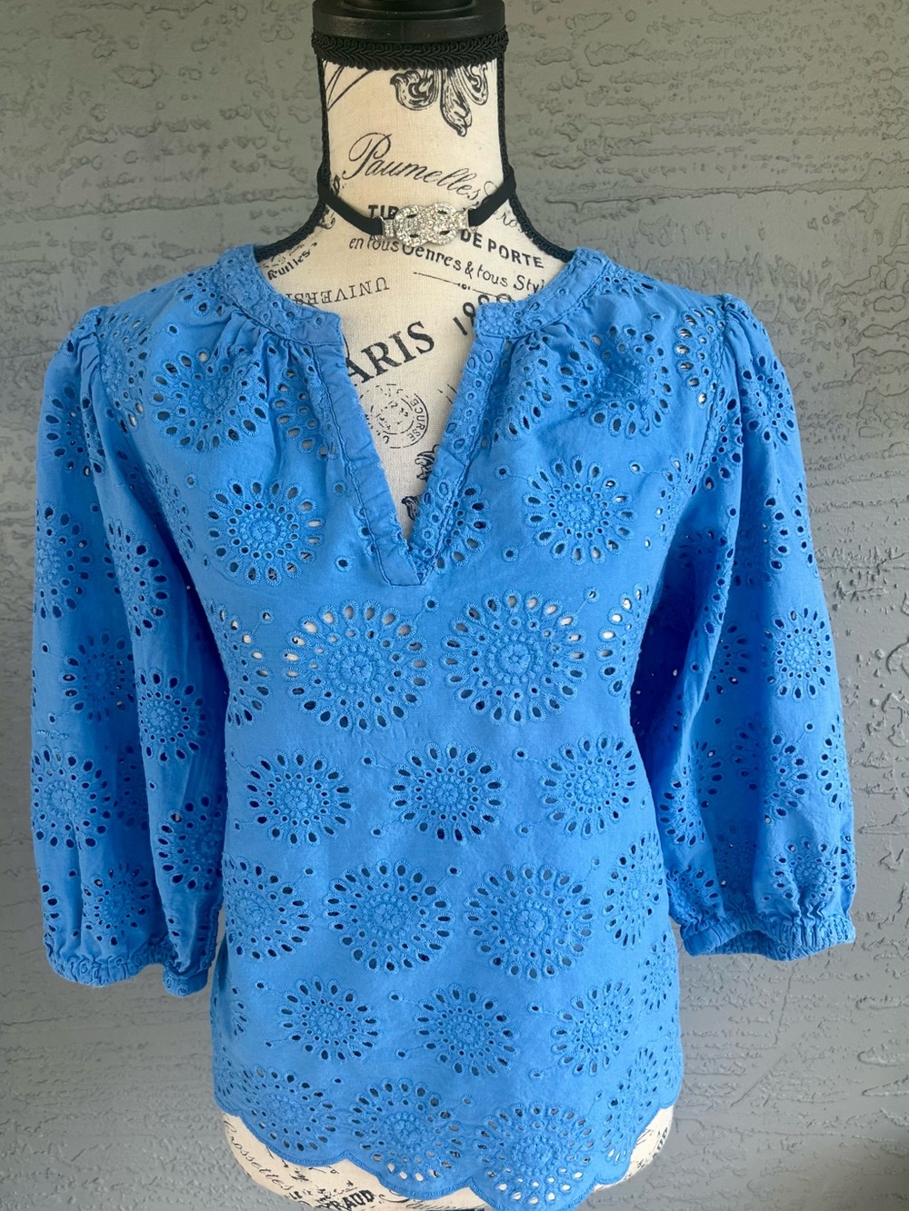 sugar coated garden party resort Eyelet Split V-Neck Peasant Blouse in Blue